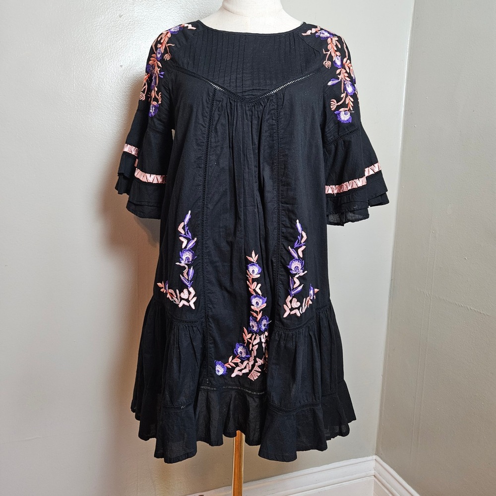 Free People Pavlo Embroidered Babydoll Mini Dress Tunic Sz S Black Ruffle
